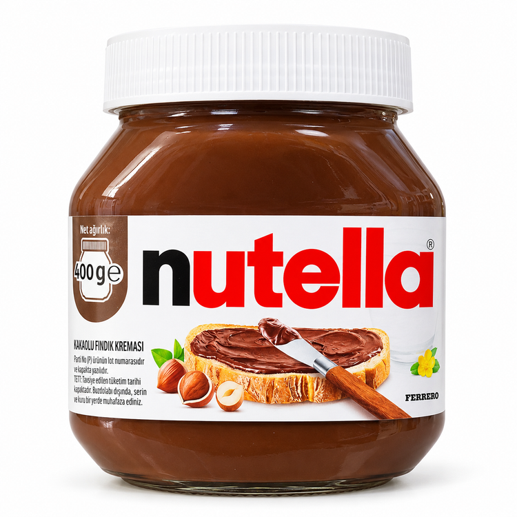 تصویر شیشه کرم کاکائویی فندقی نوتلا ۴۰۰ گرمی با درب سفید و بستهبندی اصلی برند Nutella